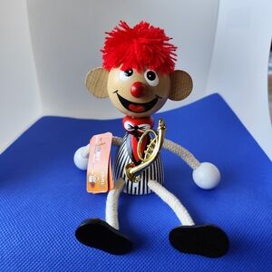 3/$25💙JAMI Wooden Toy Dolls 6" Red-Haired Clown Doll with Black and White Strip